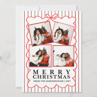 Rustic Candy Stripe 4 Photo Family Christmas Holiday Card