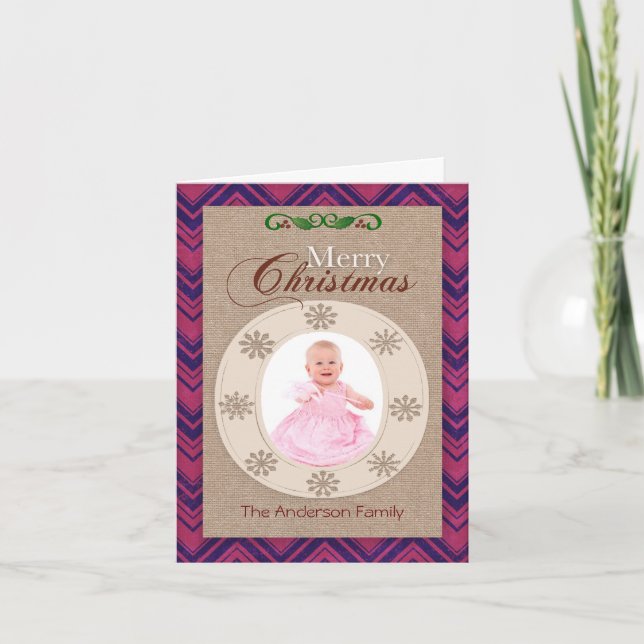 Rustic Canvas Pink Chevron Christmas Photo Card (Front)
