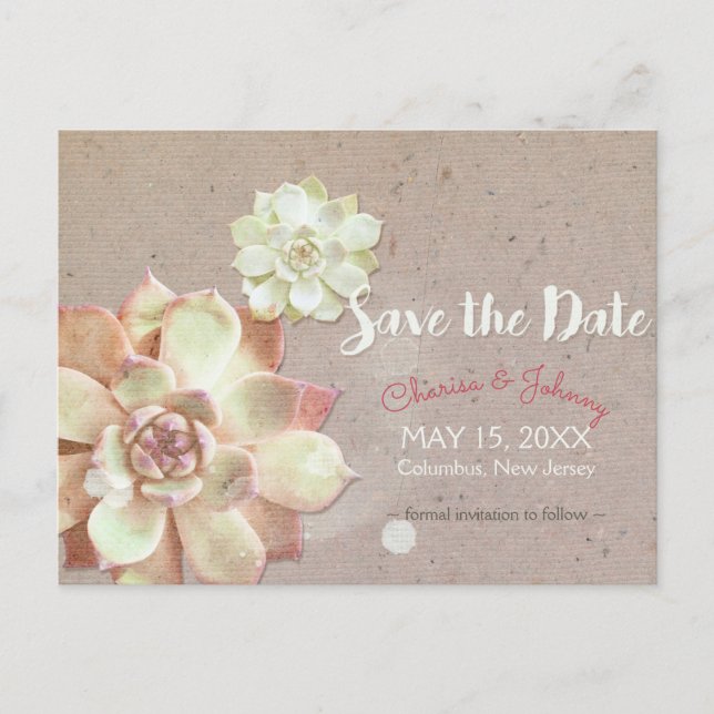 Rustic Cardboard Succulents Wedding Save the Date Announcement Postcard (Front)