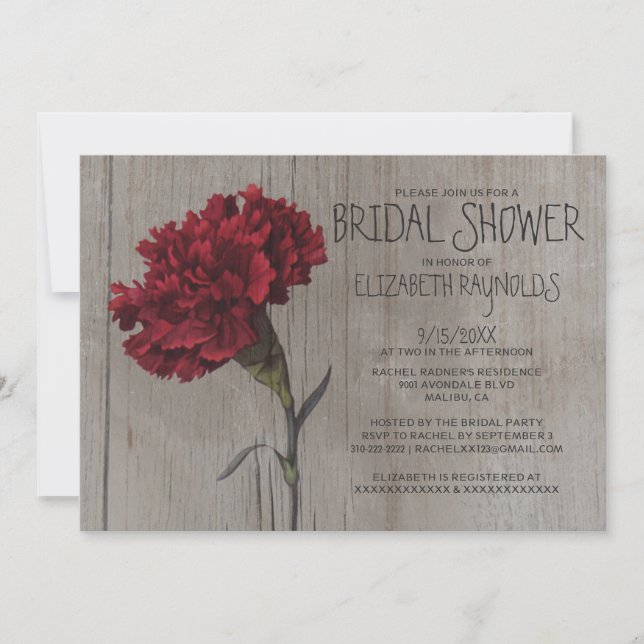 Rustic Carnation Bridal Shower Invitations (Front)
