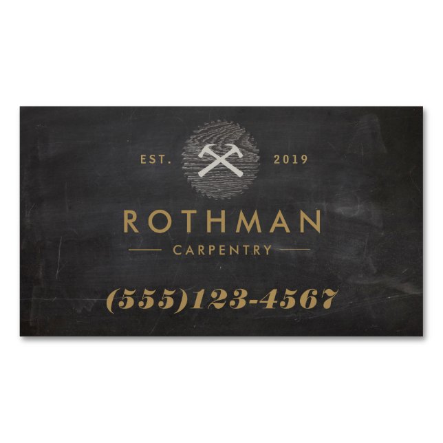Rustic Carpenter Hammer Saw Construction Logo Busi Magnetic Business Card (Front)