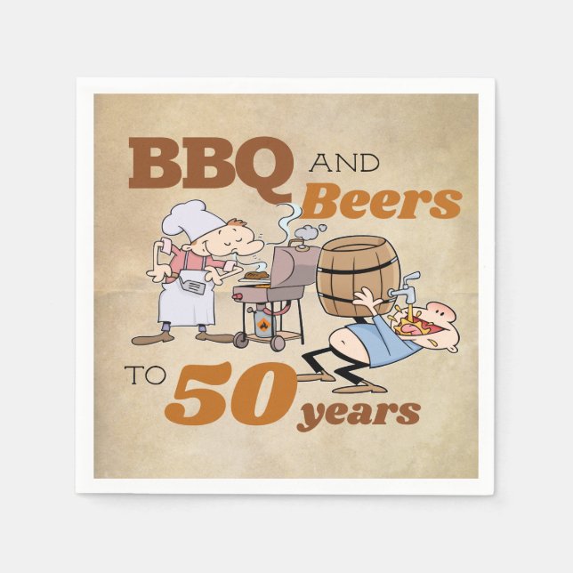 Rustic Cartoon BBQ And Beers 50th Birthday Napkin (Front)
