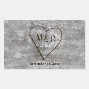 Rustic Carved Birch Heart Monogram Rectangular Sticker