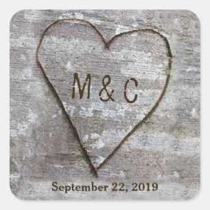 Rustic Carved Birch Heart Tree Wedding Initials Square Sticker