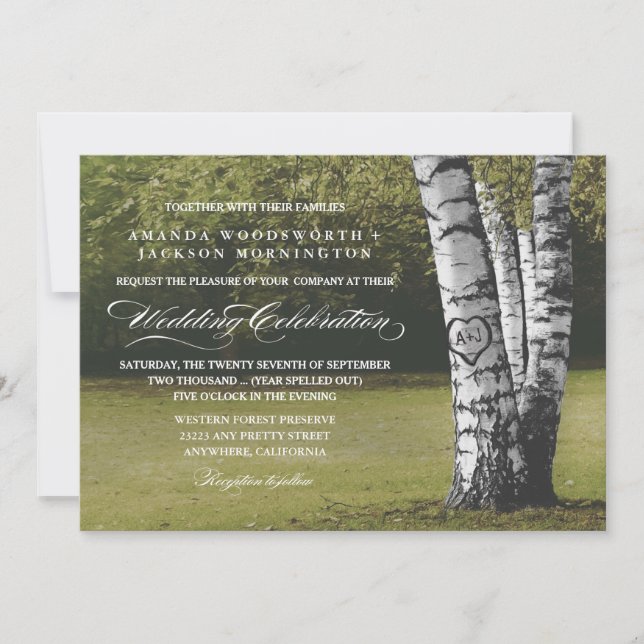 Rustic Carved Heart Birch Tree Wedding Invitations (Front)