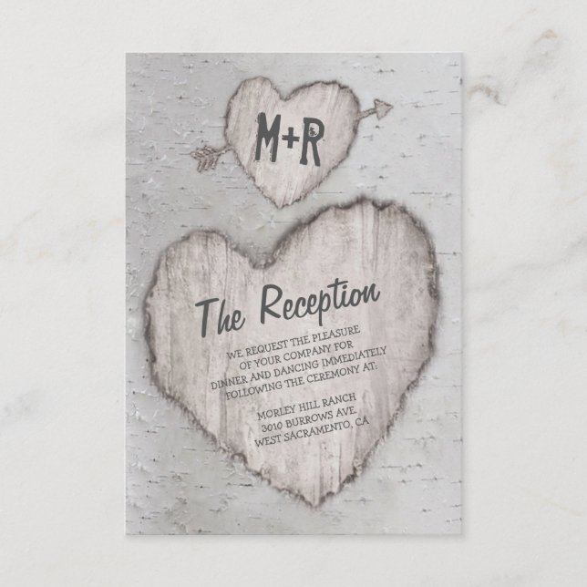 Rustic Carved Heart Birch Tree Wedding Reception Enclosure Card (Front)