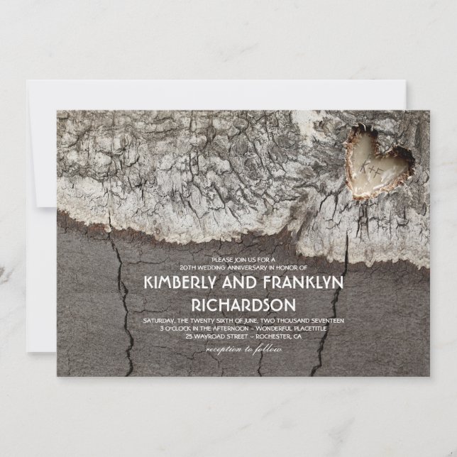 Rustic Carved Heart Birch Wood Wedding Anniversary Invitation (Front)