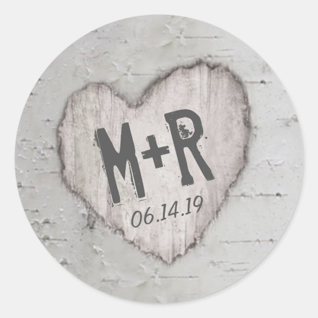 Rustic Carved Heart Initials Birch Tree Wedding Classic Round Sticker (Front)