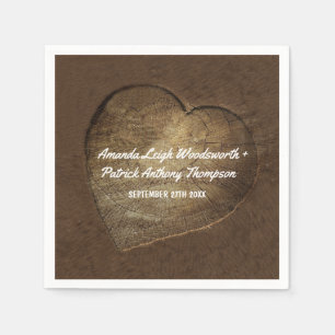 Rustic Carved Heart Oak Tree Slice Wedding Napkins