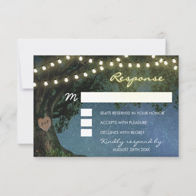 Rustic Carved Heart Oak Tree Wedding RSVP Cards (Front)