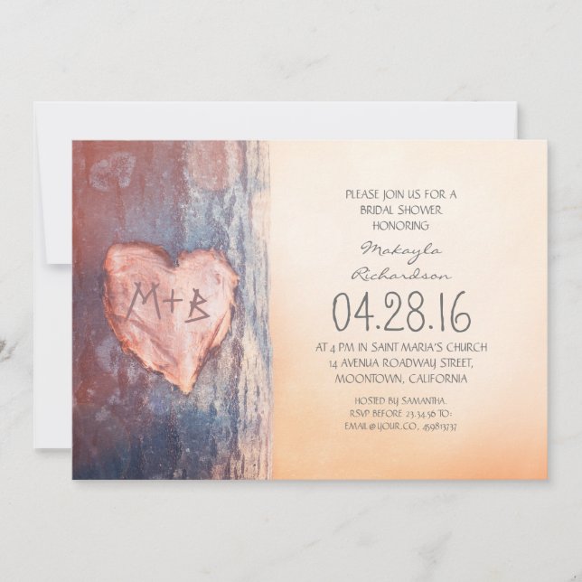 Rustic carved heart tree bridal shower invitation (Front)