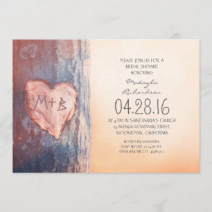Rustic carved heart tree bridal shower invitation
