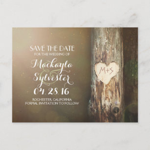 rustic carved heart tree save the date postcards