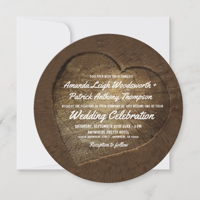 Rustic Carved Tree Slice Wedding Invitations (Front)
