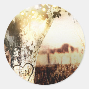 Rustic Carved Tree & String Lights Country Wedding Classic Round Sticker
