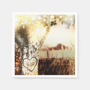 Rustic Carved Tree & String Lights Country Wedding Napkin