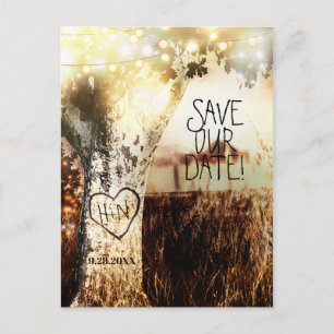 Rustic Carved Tree & String Lights Save The Date Announcement Postcard