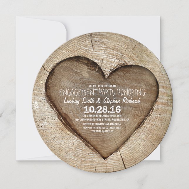 Rustic carved tree wood heart engagement party invitation (Front)