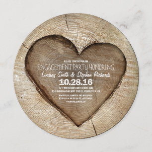 Rustic carved tree wood heart engagement party invitation