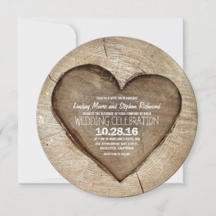 Rustic carved tree wood heart wedding invitation