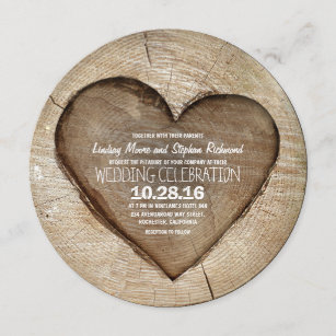 Rustic carved tree wood heart wedding invitation