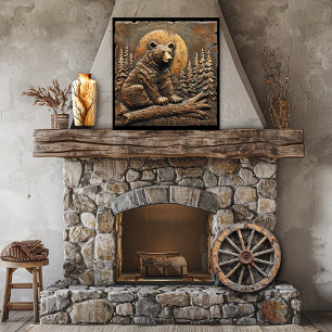 Rustic Carved Wood Bear Pine Trees  Setting Sun Poster