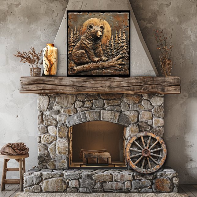 Rustic Carved Wood Bear Pine Trees  Setting Sun Poster (Creator Uploaded)