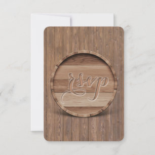 Rustic Carved Wooden Barrel  Wedding RSVP Card