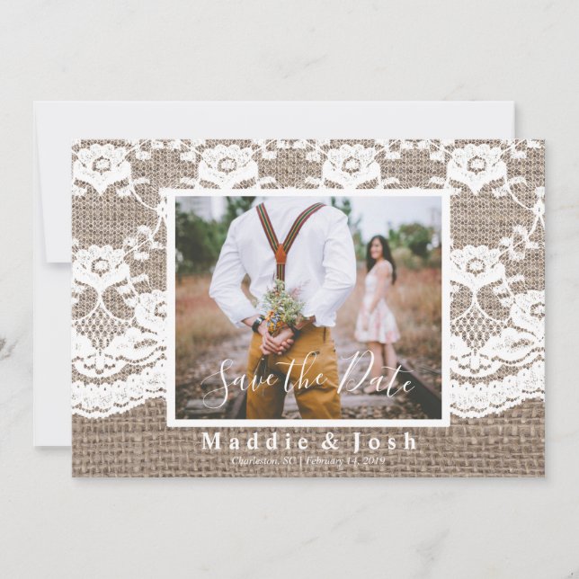 Rustic Casual Burlap and Lace Save the Date Invitation (Front)