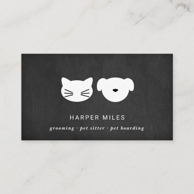 Rustic cat and dog symbol black chalkboard busines business card (Front)