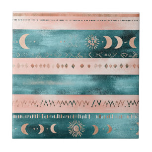 Rustic Celestial Stripe Moon Sun Earthy Ceramic Tile