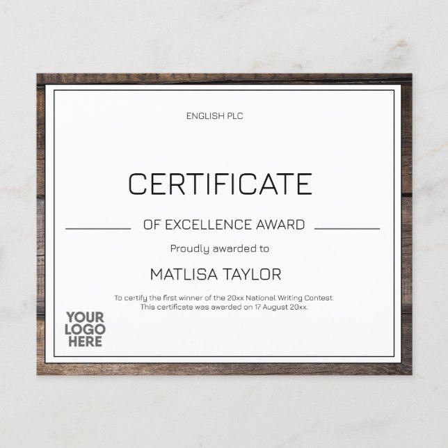 Rustic Certificate of Excellence Award Add Logo  (Front)