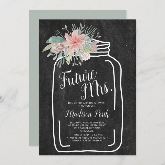 Rustic chalk floral mason jar script bridal shower invitation (Front/Back)