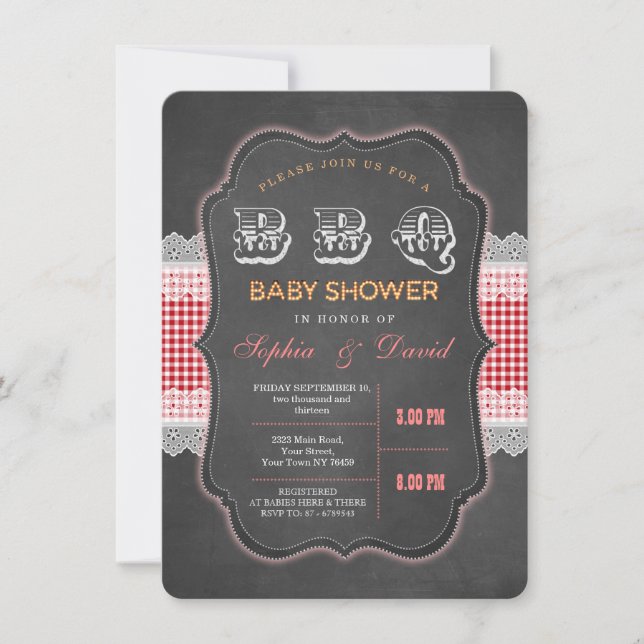 Rustic Chalk Gingham Baby Shower Barbecue Invite (Front)