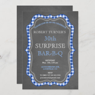 Rustic Chalk Gingham Surprise Birthday BBQ Invite