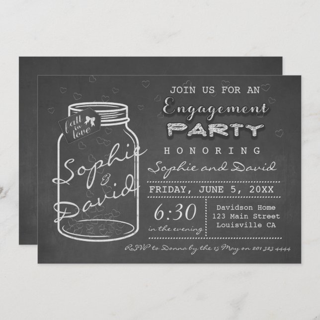 Rustic Chalk Mason Jar Engagement Party Invite (Front/Back)