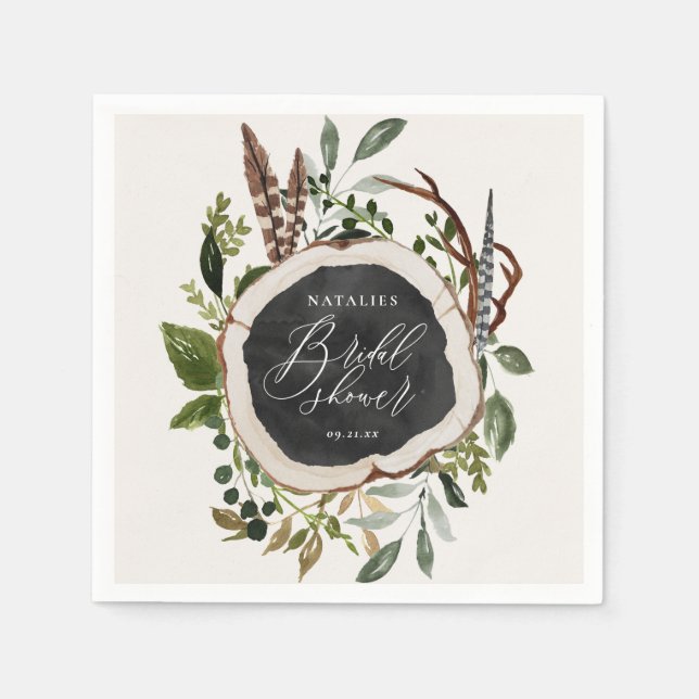 Rustic chalk + wood slice bridal shower party napkin (Front)