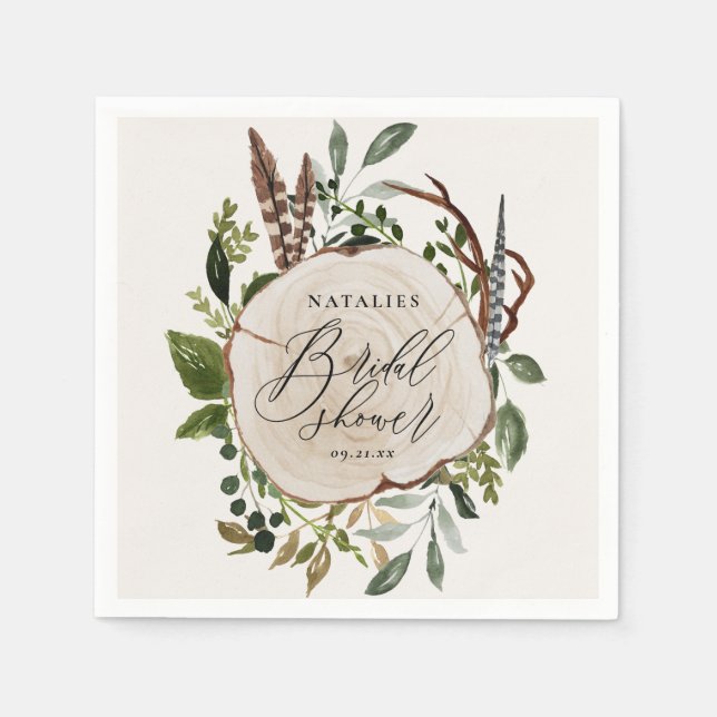 Rustic chalk + wood slice bridal shower party napkin (Front)