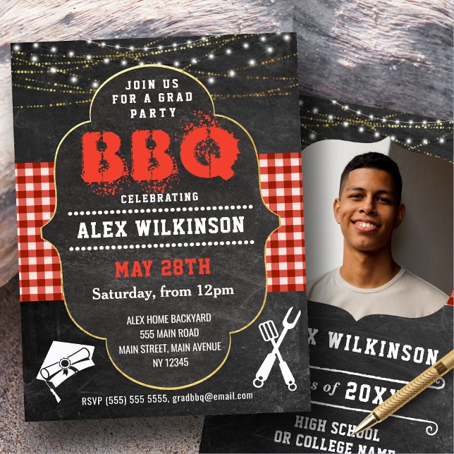 Rustic Chalkboard BBQ Party Graduation Photo Invitation (Creator Uploaded)