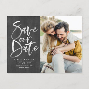 Rustic Chalkboard Brush Calligraphy Save Our Date Announcement Postcard