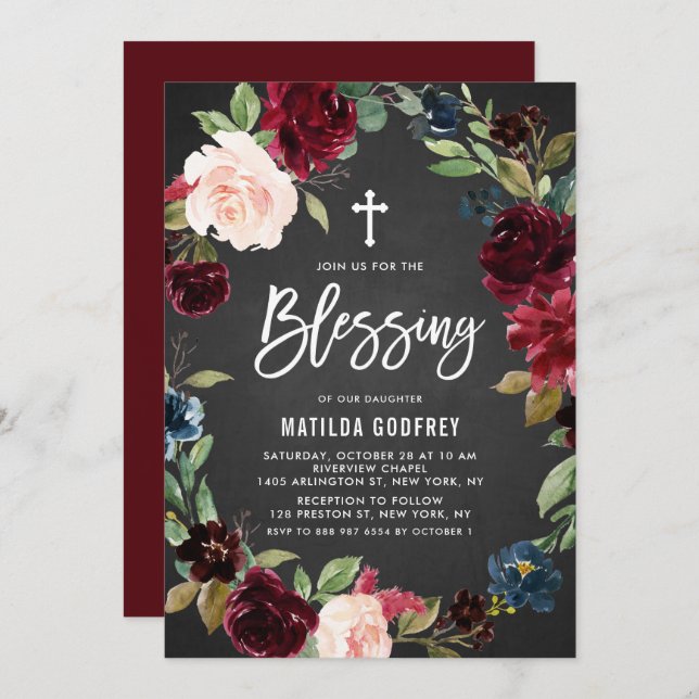 Rustic Chalkboard Burgundy Floral Wreath Blessing Invitation (Front/Back)