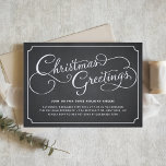 Rustic Chalkboard Calligraphy Christmas Party Invitation<br><div class="desc">Join us for some holiday cheer! It's guests to your Christmas party invitation with this customisable holiday invitation. it features "Christmas Greetings" whimsical script typography on faux chalkboard background. Personalise by adding your event details. This rustic chalkboard Christmas party invitation is available in other cardstock and colour.</div>