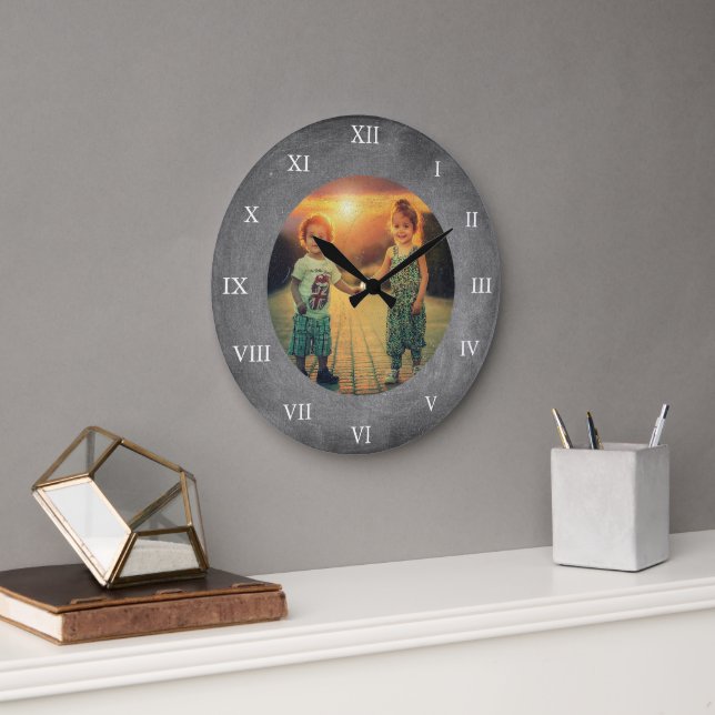 Rustic chalkboard custom family photo large clock (Office)