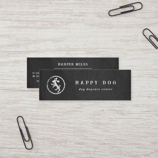 Rustic chalkboard dancing dog logo  mini business card (Front/Back In Situ)