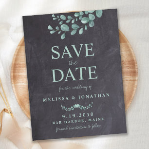 Rustic Chalkboard Eucalyptus Greenery  Save The Da Announcement Postcard