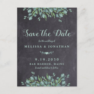 Rustic Chalkboard Eucalyptus Greenery Wedding Save Announcement Postcard