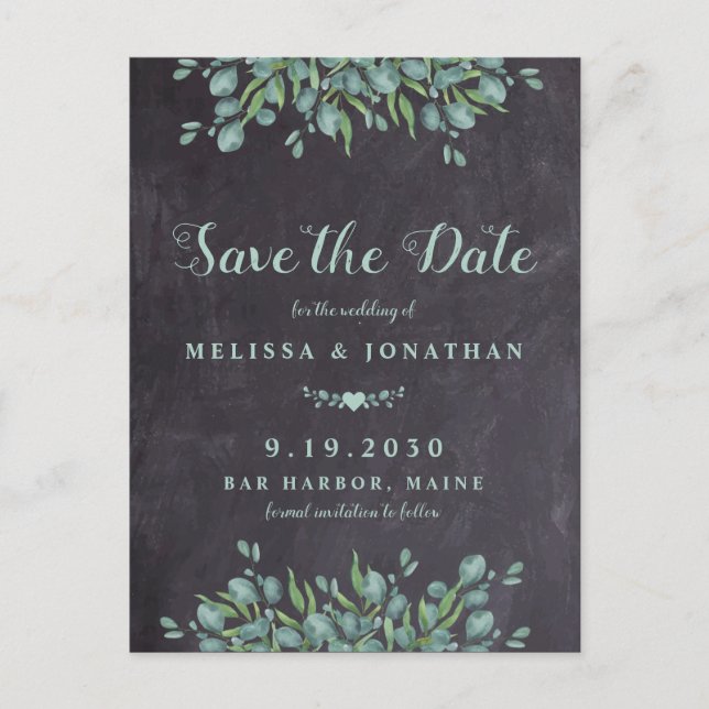 Rustic Chalkboard Eucalyptus Greenery Wedding Save Announcement Postcard (Front)