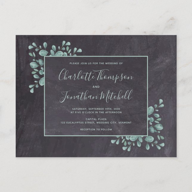 Rustic Chalkboard Eucalyptus Leaves Greenery Save Invitation Postcard (Front)