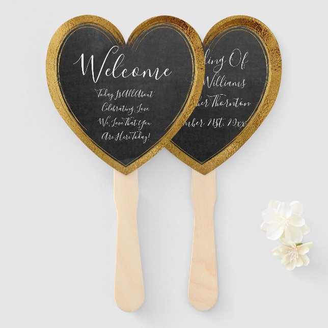 Rustic Chalkboard Faux Gold Wedding Heart Welcome Hand Fan (Front and Back)