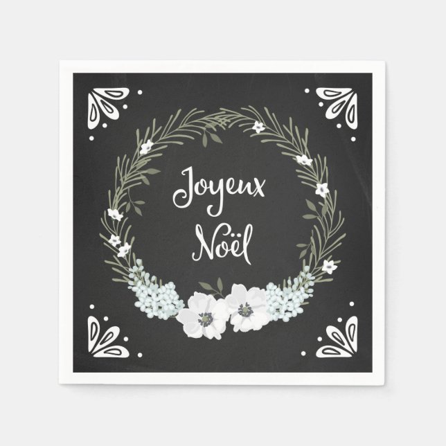 Rustic Chalkboard Floral French Christmas Napkins (Front)